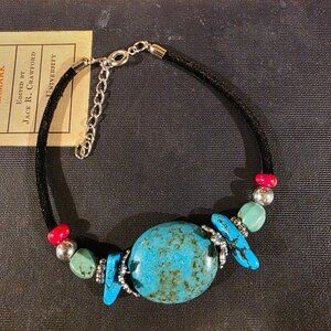 Turquoise & Coral Stone Bracelet with Black Velvet Silver Tone Accents Style D